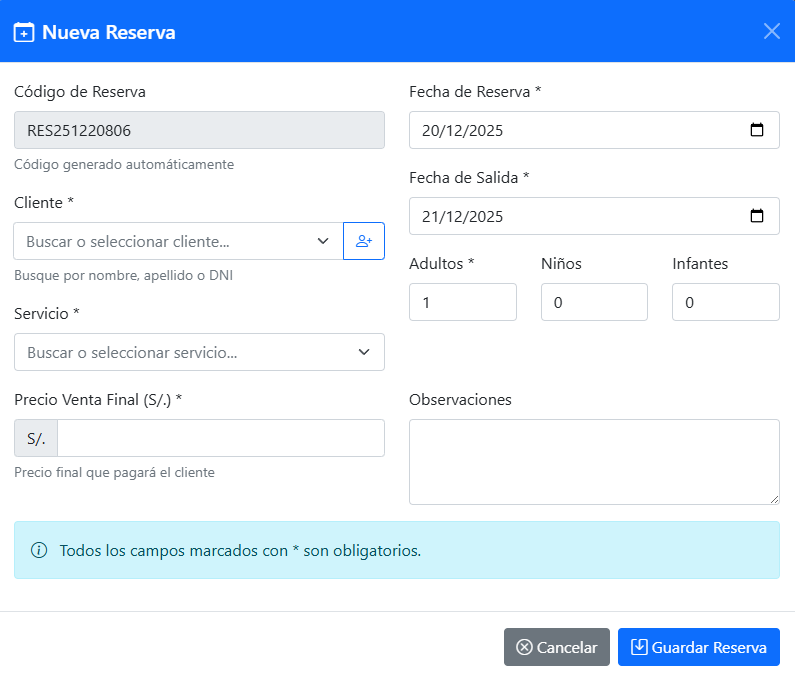 Pantalla de reservas del sistema